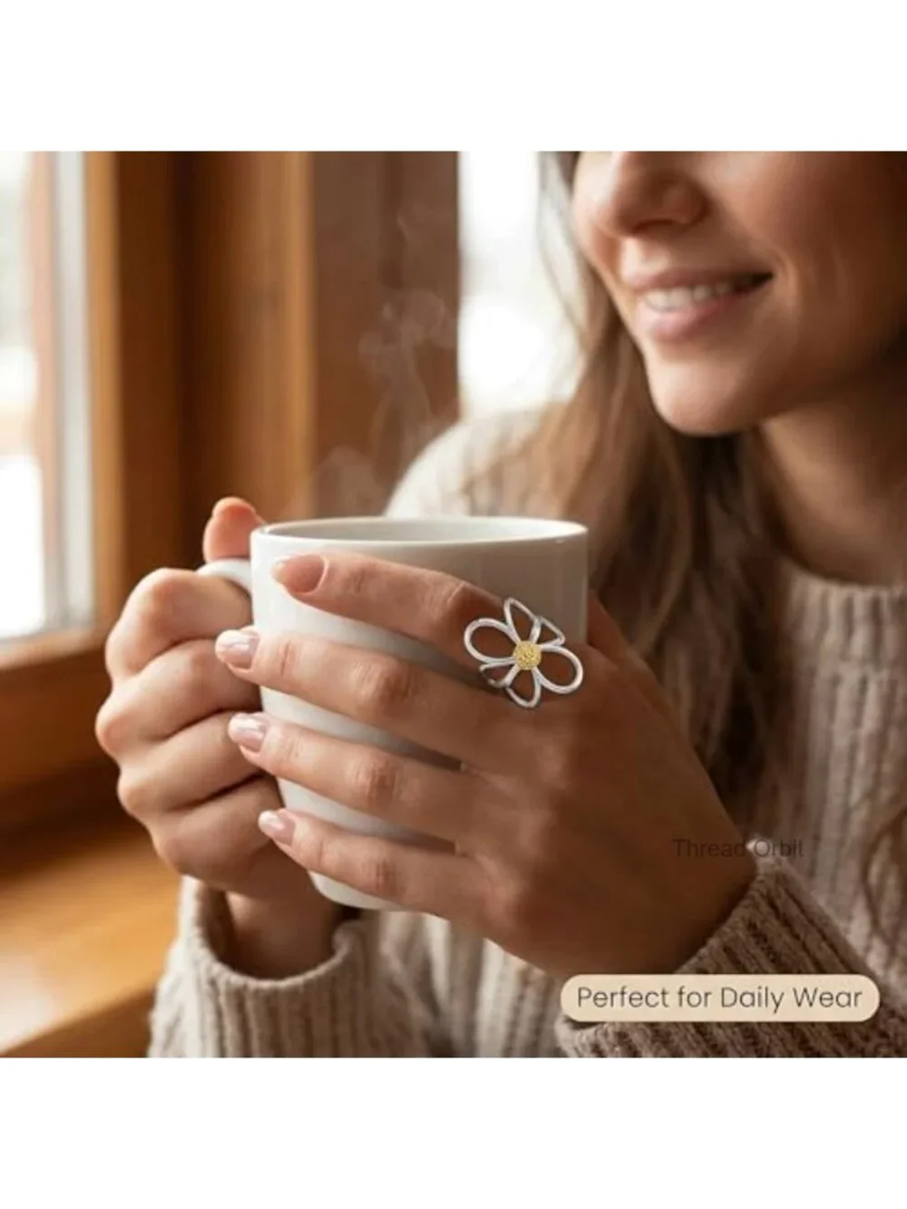 2 Pcs Chunky Hollow Flower Thumb Rings, Open Band Adjustable Two-Tone Statement